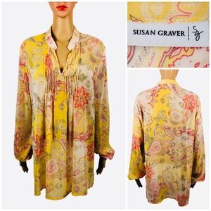 Susan Graver Womens Large Blouse Top Paisley Yellow Multicolor Tunic Polyester